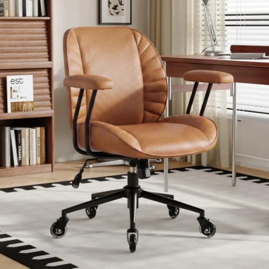 Home office desk chair with lumbar support, genuine leather, light brown, ergonomic design for all-day comfort