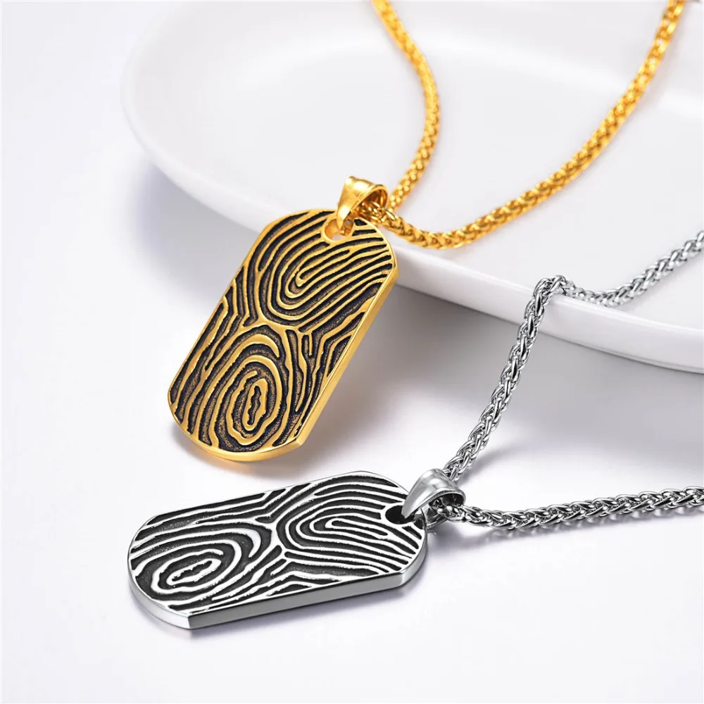 U7 Stainless Steel Enamel Deep Engraved Double Fingerprint Tag Necklaces Man Woman Punk Statement Lover Couple Jewelry Gift