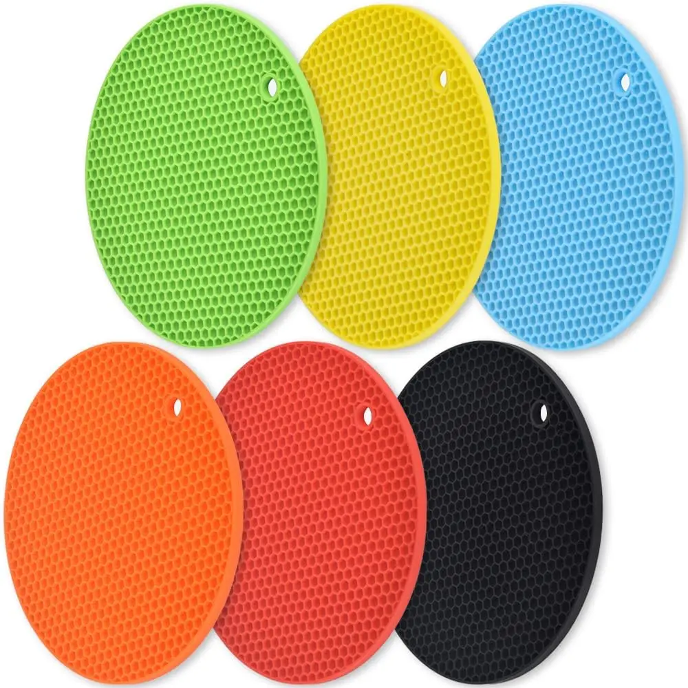 6 Pack Black Silicone round Trivets 7x0.24x7 Inches Heat Resistant Non-Slip Pot Holders Food Grade Honeycomb Surface