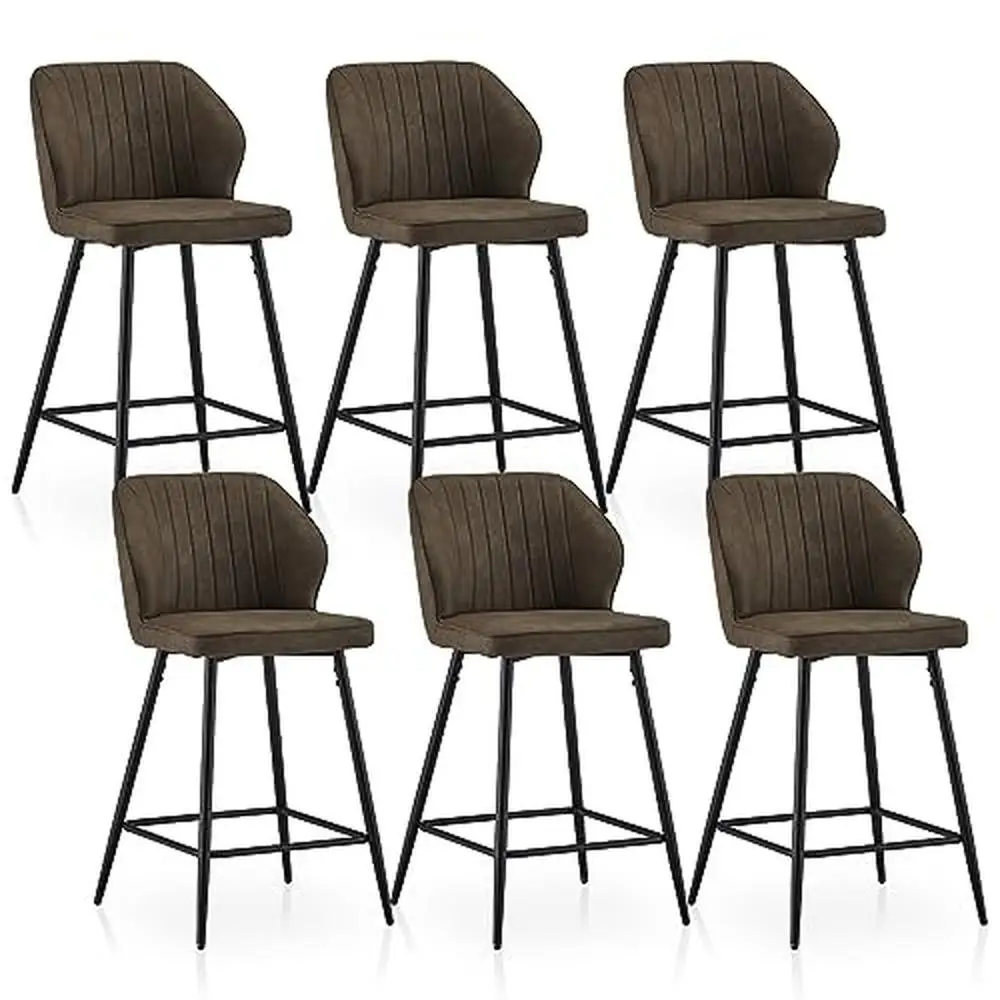 Set of 6 Modern Faux Leather Bar Stools Counter Height Upholstered Dining Chairs Metal Legs Backrest Comfortable Seat