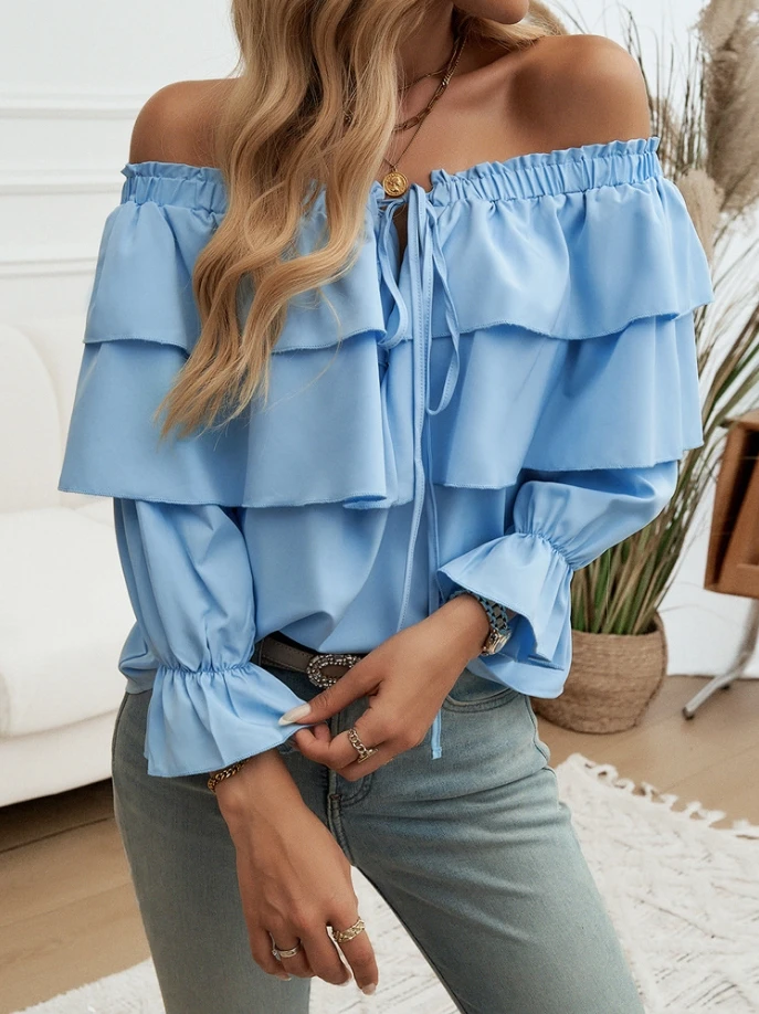 Women Blouse 2024 Autumn New In Solid Color Off Shoulder Drawstring Collar Layered Ruffle Lantern Long Sleeve Pullover Top