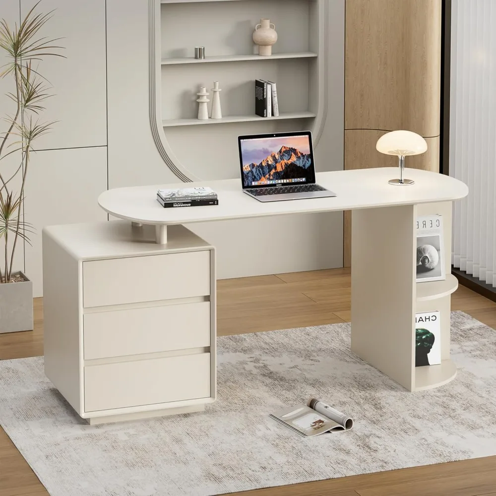 

Desk with Drawers, 55inch Home Office White Desk with Drawers and Storage Shelves,