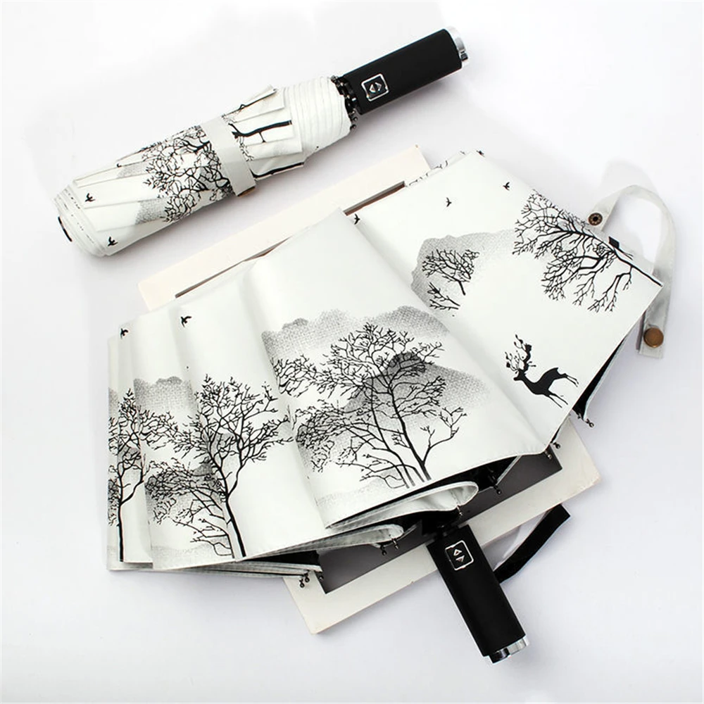 European Retro Umbrella Valley Elk Ink Painting Umbrella Automatic Folding Sunscreen Umbrella Enlarged Double Umbrella