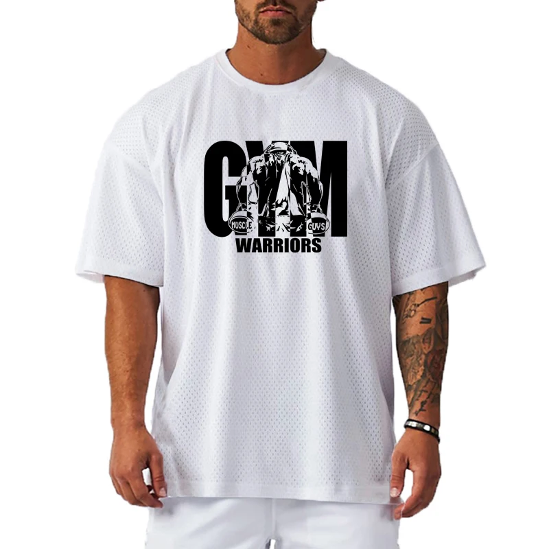 Summer Men Oversized Loose Casual Sport T-Shirt Gym Workout Fitness Short Sleeve Mesh sweat Quick Dry Breathable print Clothing