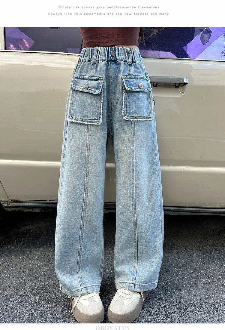 Kinderjeans mit gerader Passform und Fronttasche für Mädchen, Frühling, Baumwolle, Vintage, lässige, lockere Denim-Hose, einfarbige Jeanshose für Kinder – Detail 7