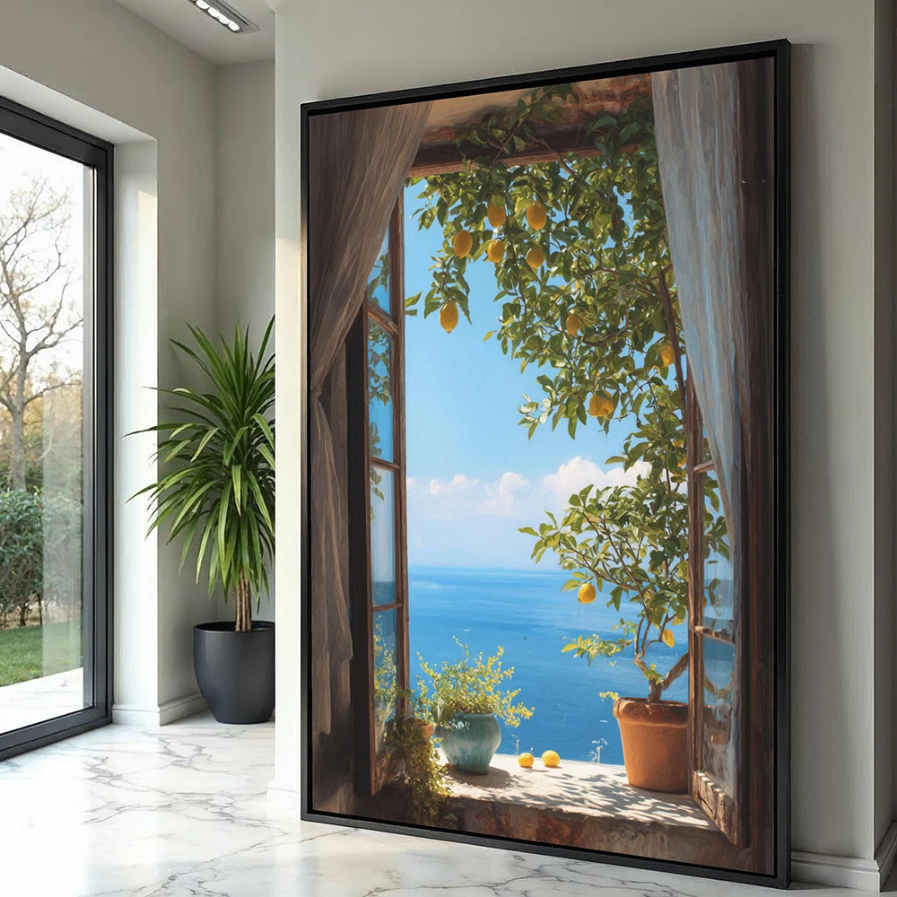 Mediterranean lemon tree canvas, open window wall art sea view, potted plant coastal decor, home living room decor, no frame