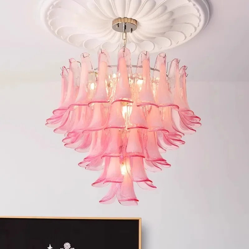 

Nordic Pink Glass Luxury Ceiling Chandeliers for French Style Girls Room Decoration Hanging Lamp Elegant Vintage LED Lighting