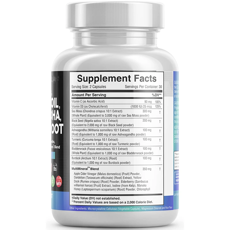 Sea Moss 3000mg Black Seed Oil 2000mg D3 with Elderberry Manuka Dandelion Yellow Dock Iodine Chlorophyll ACV