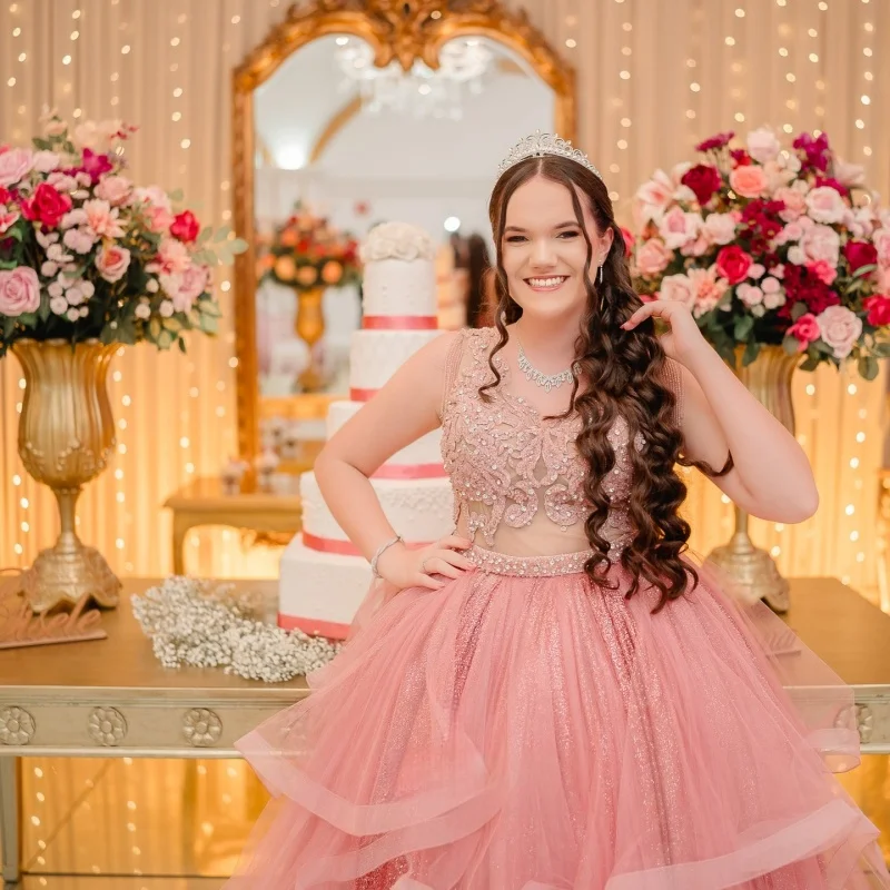 

Customized Shiny Pink Quinceanera Dresses Off the Shoulder sequin applique Lace layering Long tail Vestido 15 Quinceanera