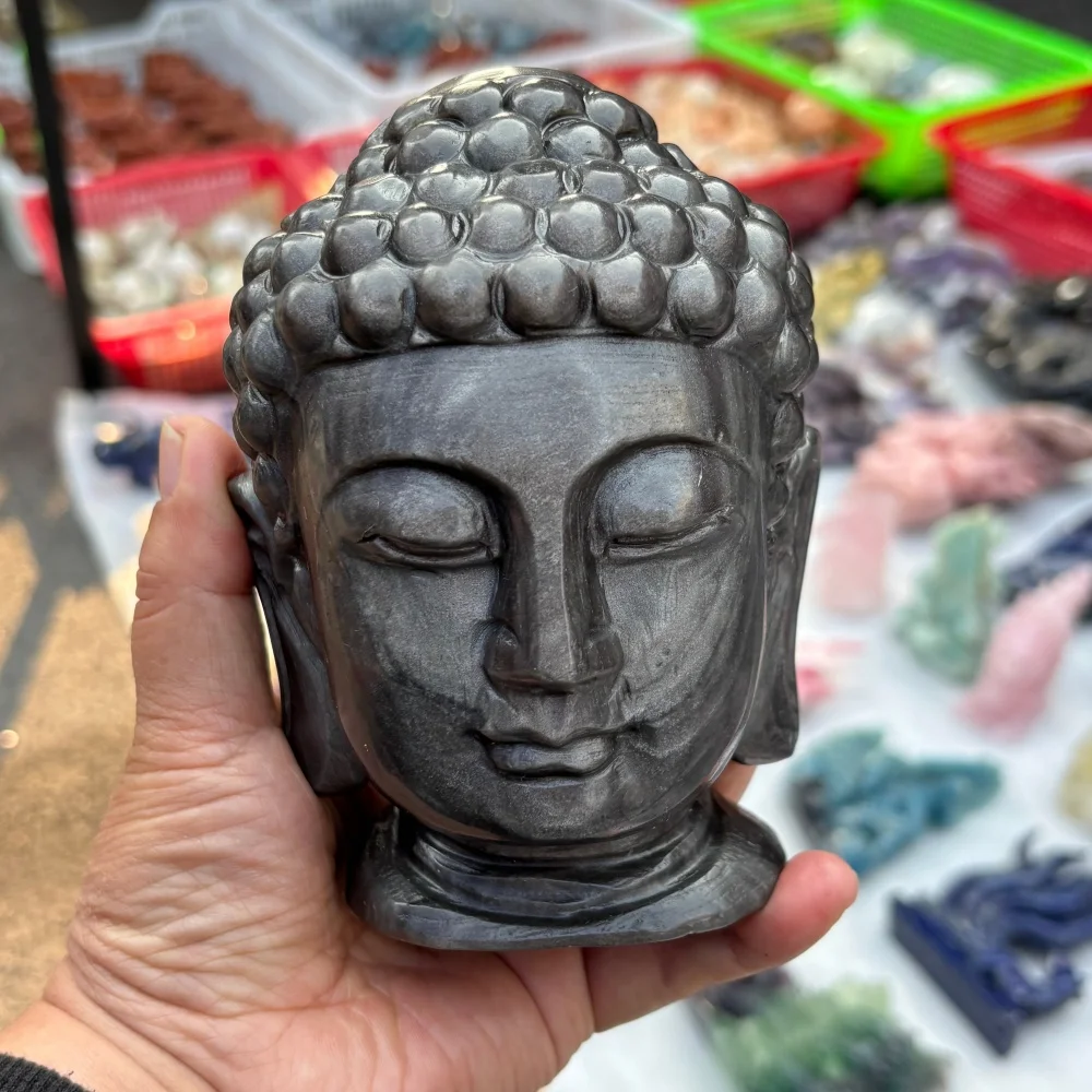 Natural Silver Obsidian Buddha Head Carving Crystal Sakyamuni Statue Gemstone Buddha Figurine Meditation Home Decor