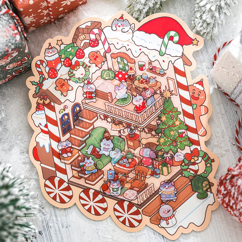 3 قطع من بطاقات عاشق [سلسلة الأحلام الليلية لعيد الميلاد من فئة حديقة الحيوان] ملصقات مناظر طبيعية مقاومة للماء ثلاثية الأبعاد تتميز بيت خبز الزنجبيل الثلجي