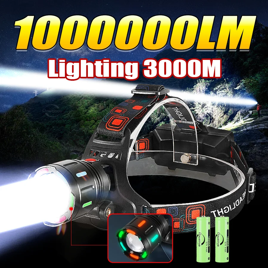 High Power LED ไฟหน้า Long Rang 3000M ไฟฉายแบบชาร์จไฟได้ USB ไฟฉายกลางแจ้งทํางานโคมไฟตกปลาไฟหน้า