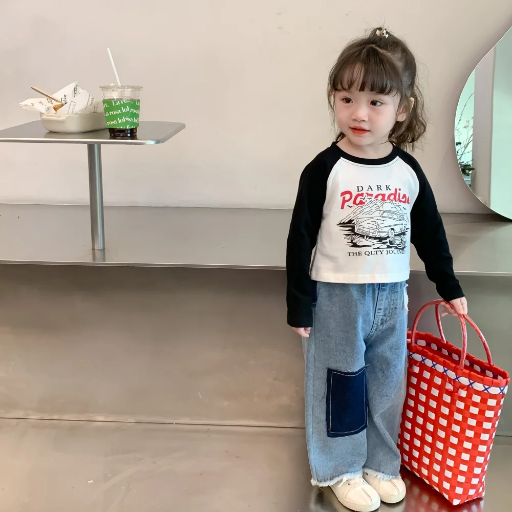 

Spring 2025 Short Sleeve Long Sleeve Cartoon Print Baby Girl's T-shirt Toddler Base Layer Shirt Fashionable Shoulder Insert Top