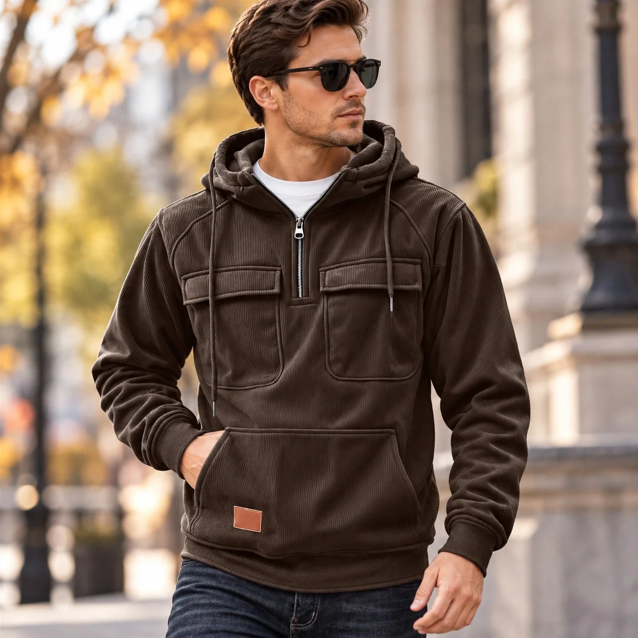 Hooded Pocket Set Regular Fit Western Style with Zipper Patchwork Long Sleeve Multiple Pockets Pullover Autumn Daily for Men