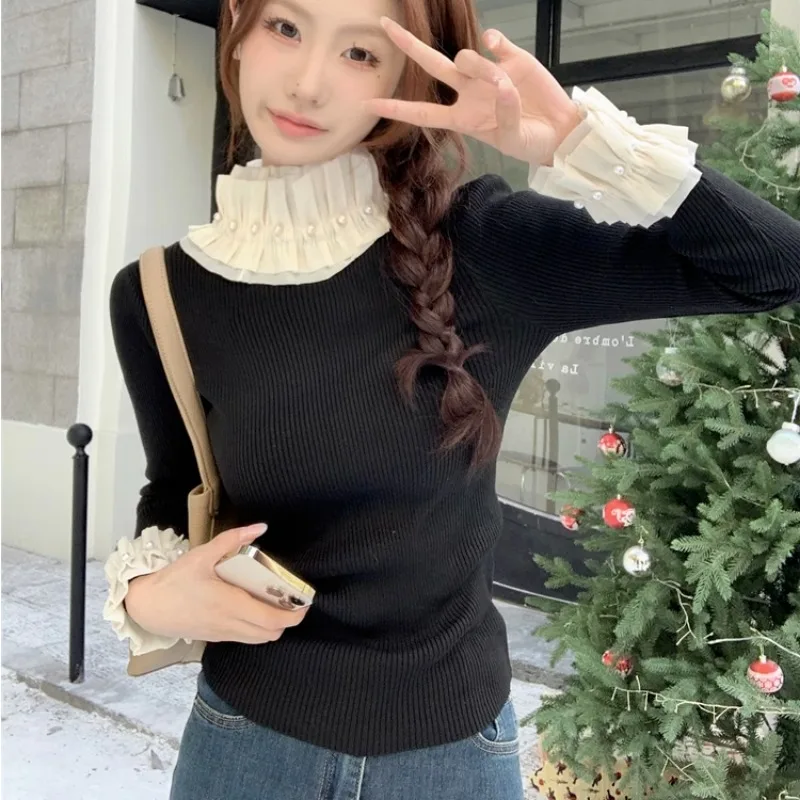 Kobiety Koreańska moda Ruffled Beaded Half High Collar Basic Knitted Sweater Autumn Winter Elegant Chic Long Sleeve Slim Pullovers