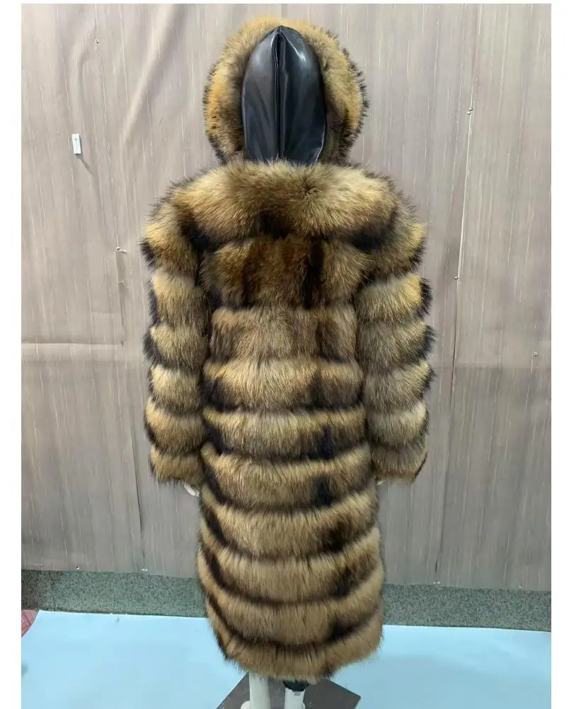 Waschbärpelzmantel für Damen mit Mütze, abnehmbaren Ärmeln, umwandelbare Weste, luxuriöser, dicker, warmer langer Mantel