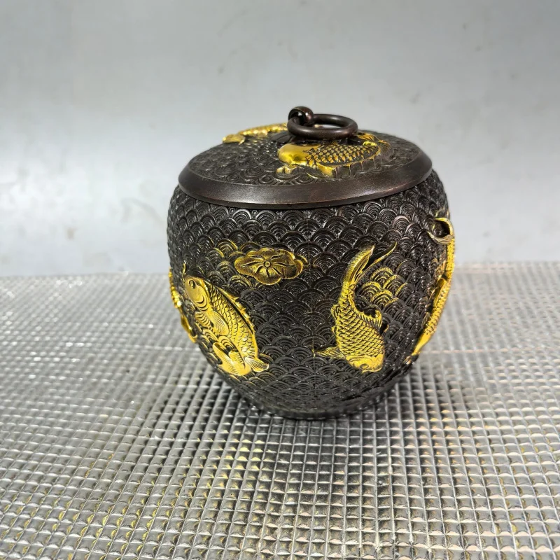 Gilt copper double- , koi fish tea canister, copperware home and office decoration, storage , sealed jar