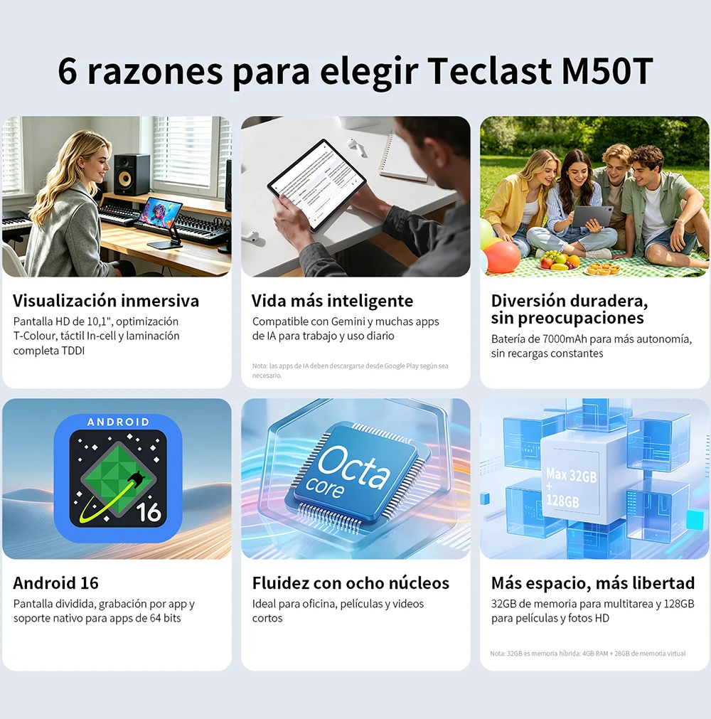 Teclast M50T 2026 10.1-inch IPS Tablet, Gemini AI, Android 16, Max 32GB RAM (4GB+28GB Virtual), 128GB ROM, A537 Octa-Core CPU, 7000mAh Battery, Type-C, Supports microSD up to 1TB & Wi-Fi 6