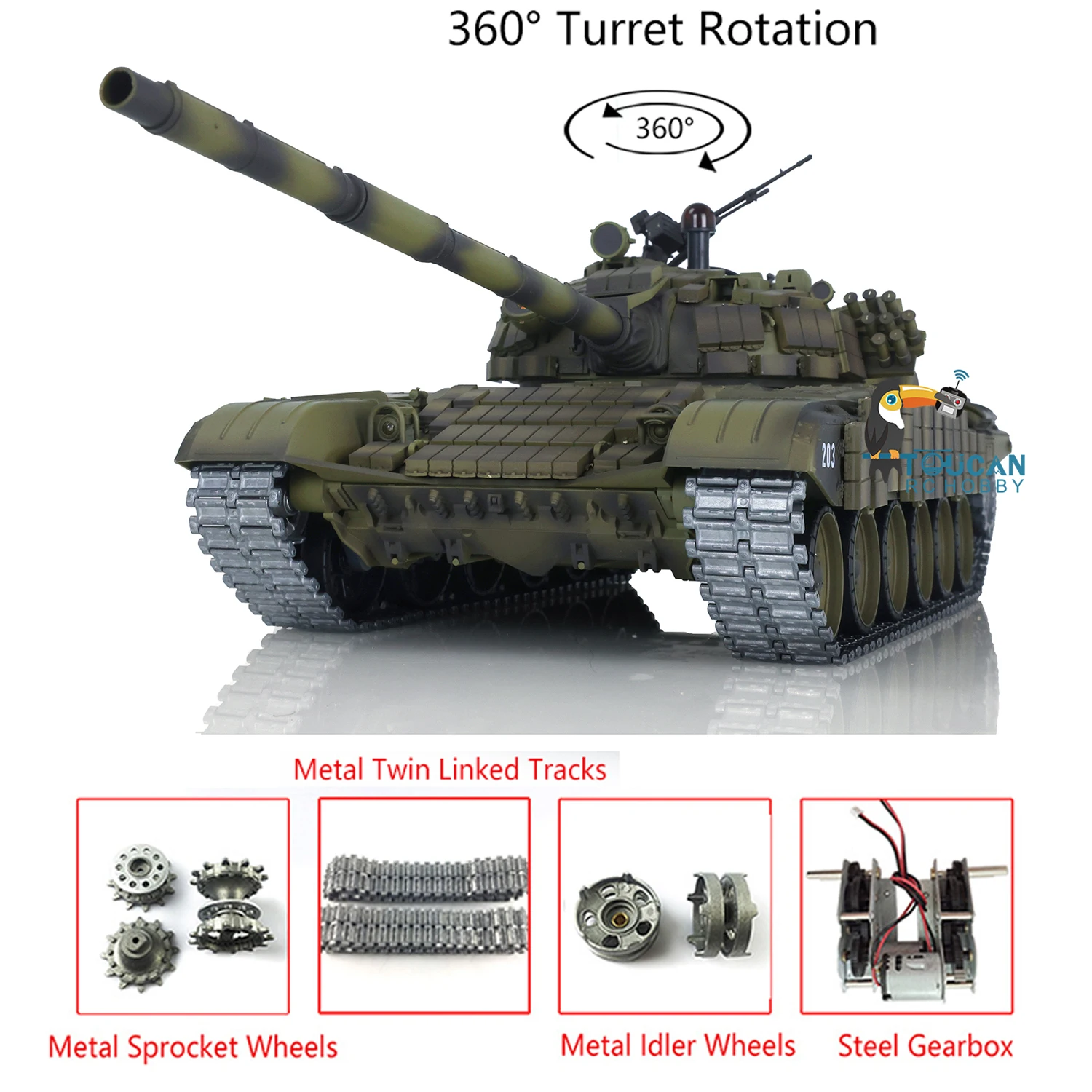 1:16 Scale Upgraded Ver Heng Long T72 Military RC Tank 7.0 Remote Control Battle Tracked Vehicle Turret 360° Rotation TH20570