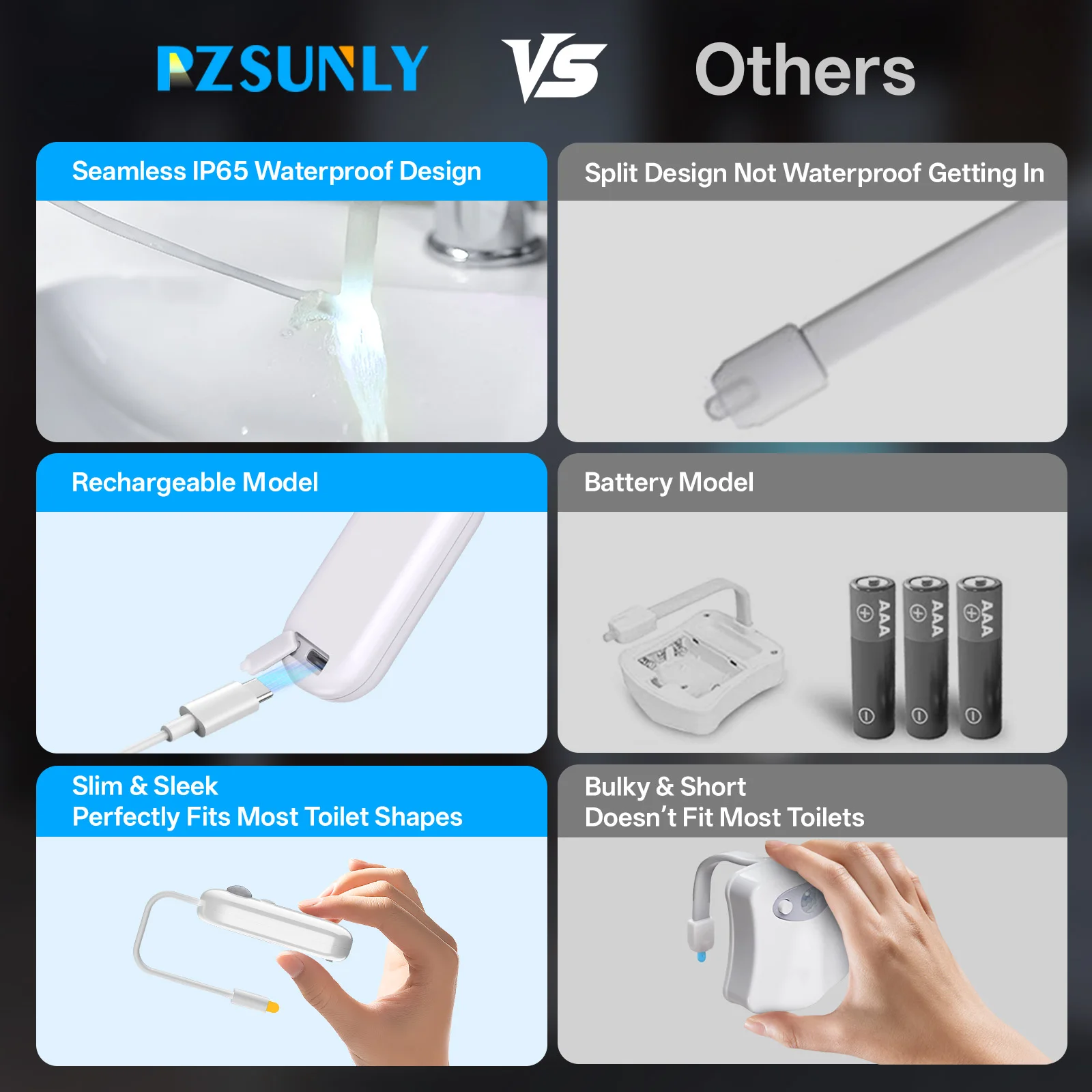 PZSUNLY Toilet Night Light Motion Sensor Light Toilet Light RGB 8Color For Bathroom Decoration LED Rechargeable LED Light 2Pcs