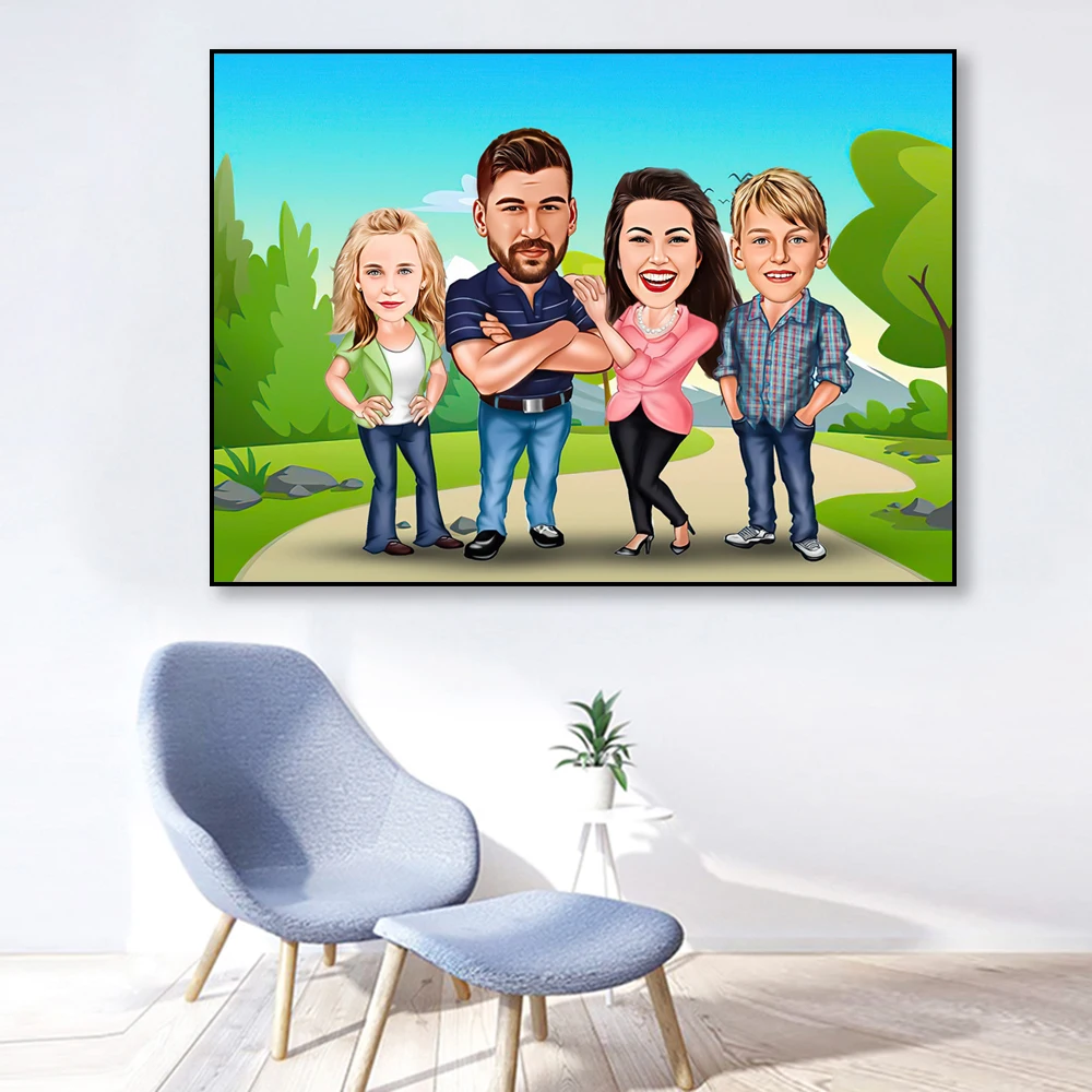 Custom Personalized Family Cartoon Portrait Poster Mom Dad Kids Portrait Prints Birthday Gift Home Room Wall Art Canvas Painting