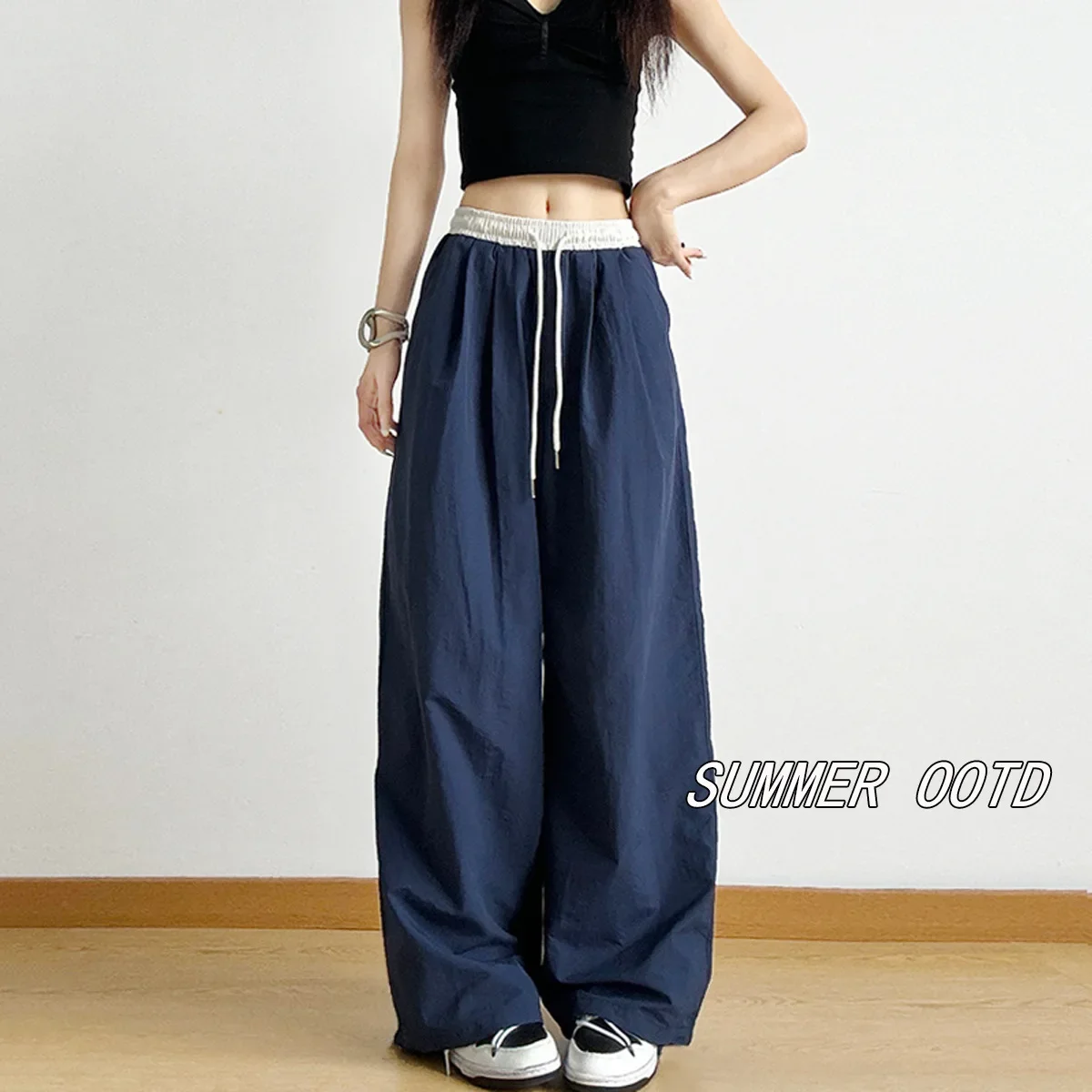 

Contrast Color Patchwork Elastic Waist Wide Leg Casual Pants Women Summer Texture Drape Straight Mop Pants Loose Trousers Pants