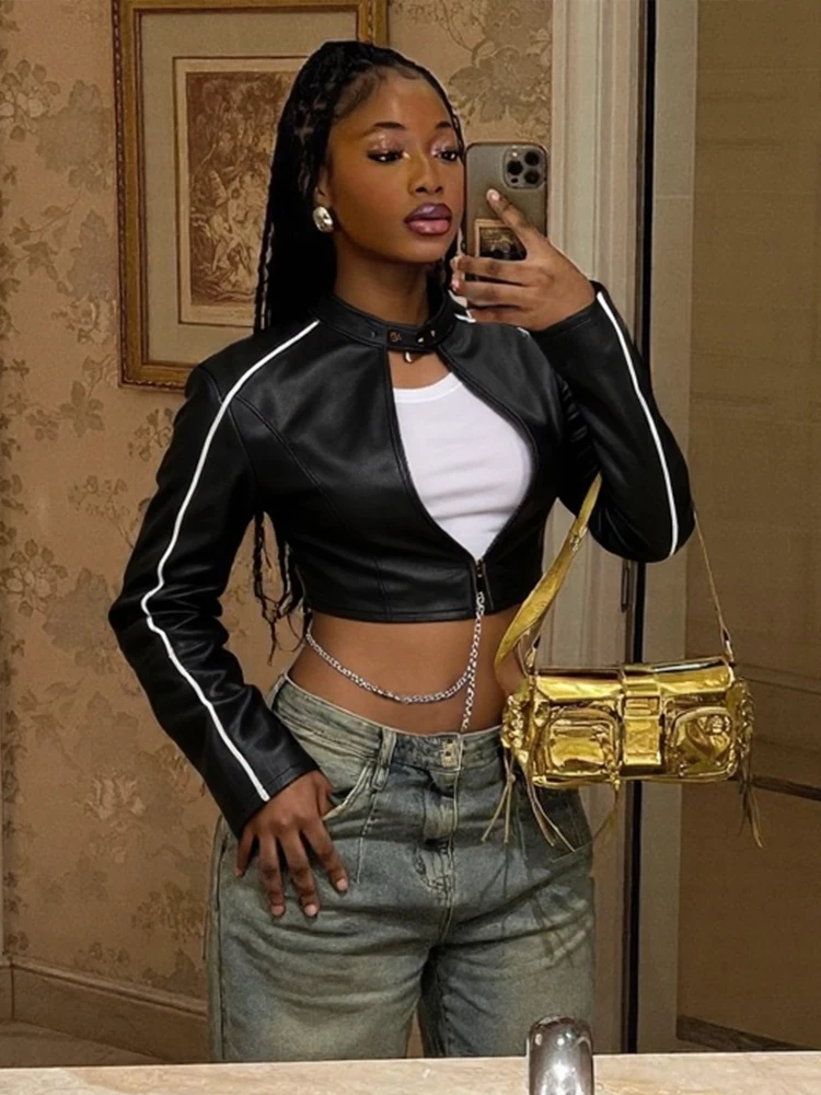 

Weird Puss Gothic Punk Crop Jacket Women Trend Zip Button Stripe PU Wild Turtleneck Sexy Hottie Street Midnight Clubwear Coat