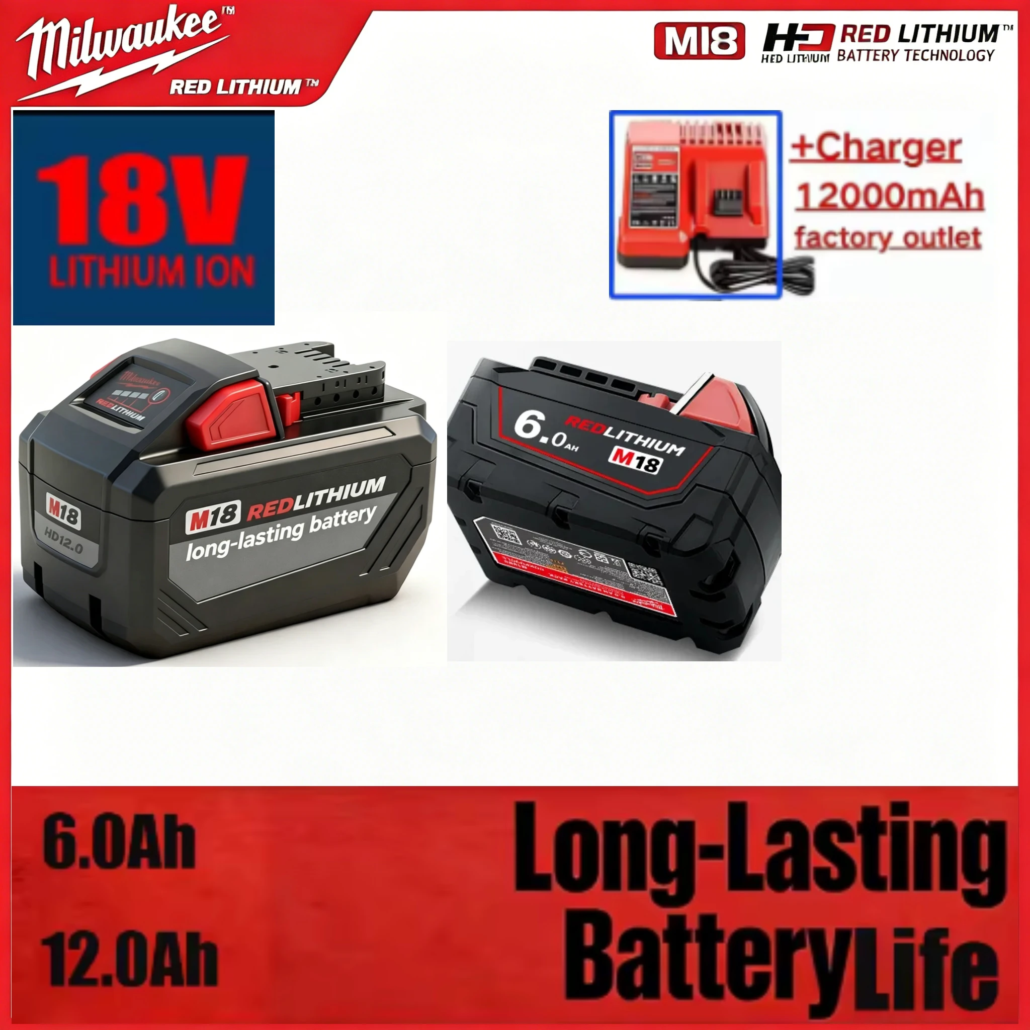 

Milwaukee 18V 8.0Ah Li-ion Battery High Capacity Rechargeable Pack With LED For All M18 Series Cordless Power Tools Drill Saw