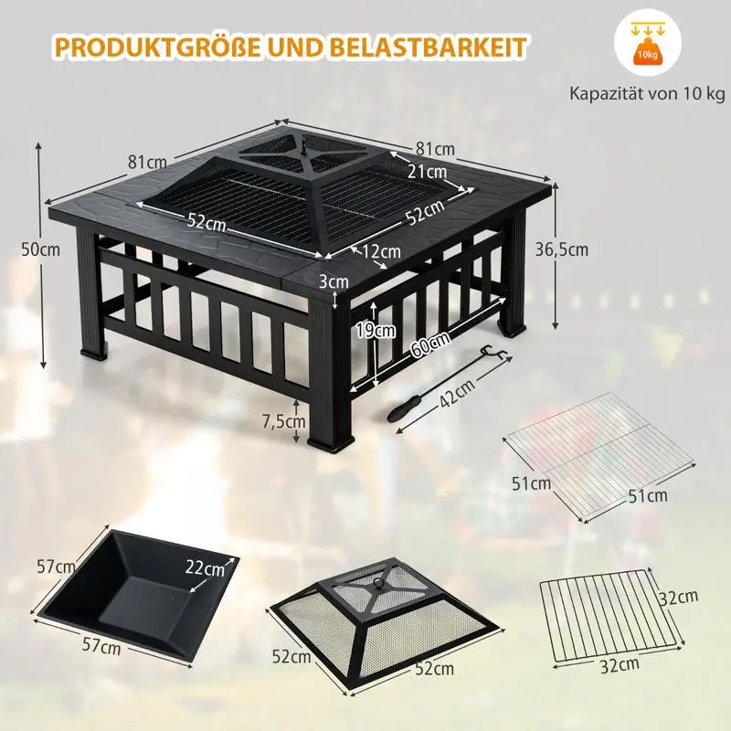 32 Inch 3 in 1 Outdoor Square Fire Pit Table with BBQ Grill and Rain Cover for Camping