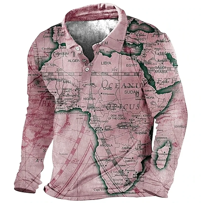 3D Print Vintage Nautical Map Graphic Men's Polo Shirts New In Plus Size Long Sleeve Button Up Polo Shirts Mens Tee Shirt Tops