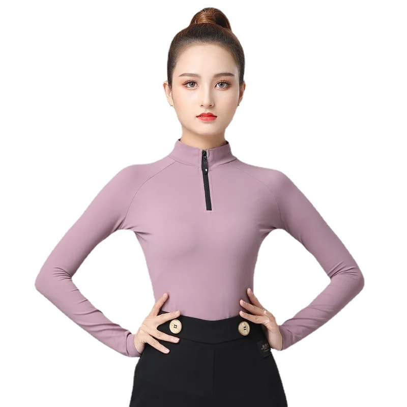 2023 NEW Adult International Ballroom Dance Costume Female Sportswear Sexy Top Purple Turtleneck Zipper Neckline Long Sleeve