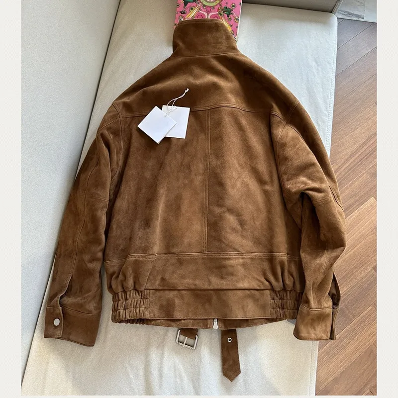 Imported A-level Goatskin Suede Jacket Coats British Style Women's Casual Brown & Black Oversize Real Leather Jacket Coats 2026