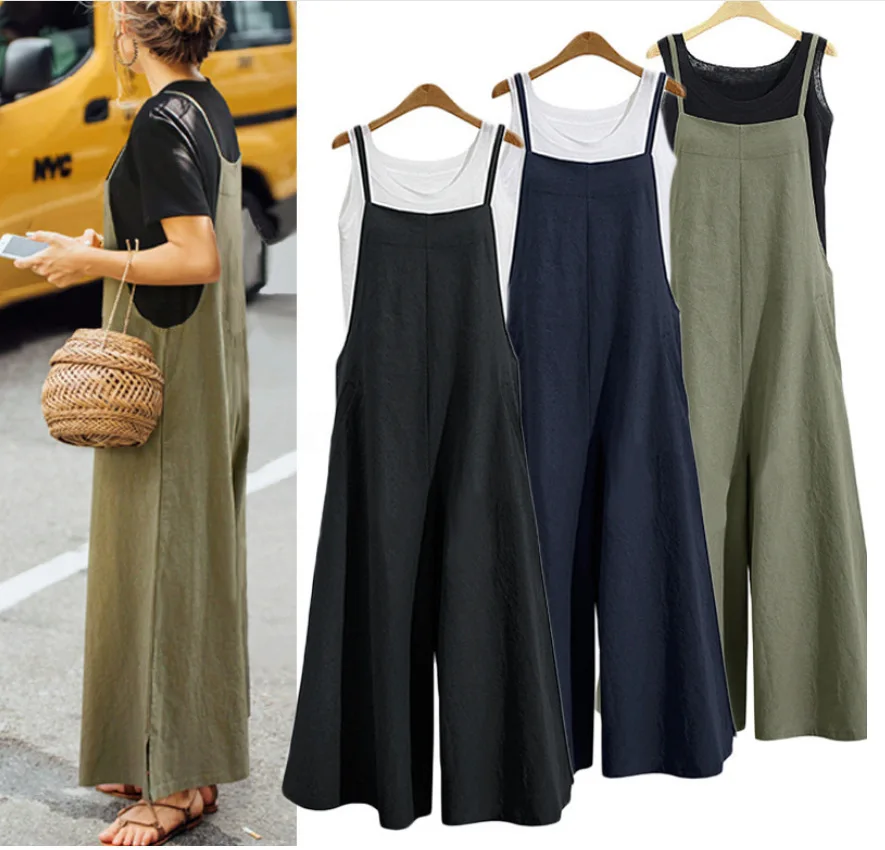 Suspender Solid Long Women Jumpsuit Casual High Waist Cotton Linen Women Jumpsuits Pocket Straight Button Jumpsuits Loose Skirt