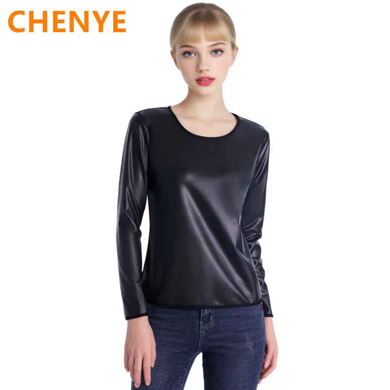 

Рубашки из искусственной кожи с длинными рукавами, мотоциклетные байкерские топы для коррекции фигуры, тренажер для талии, тонкая футболка, модные повседневные корректирующие топы