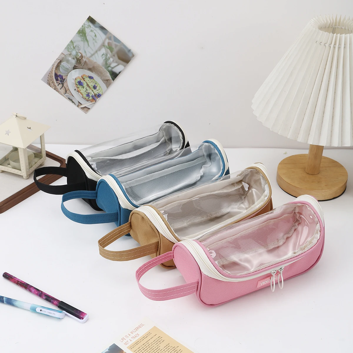 Minimalist Transparent Window Pencil Case Large Capacity Ring Zipper Stationery Organizer For Students School Supplies