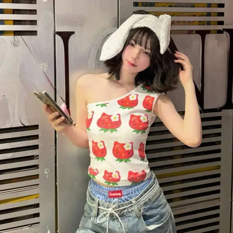 

Miniso Off-shoulder Hellokitty Y2k Camis Top Strawberry Kitty Cat Kawaii Vest Sleeveless Cute Tank Top Hotsweet Skinny Top Girls