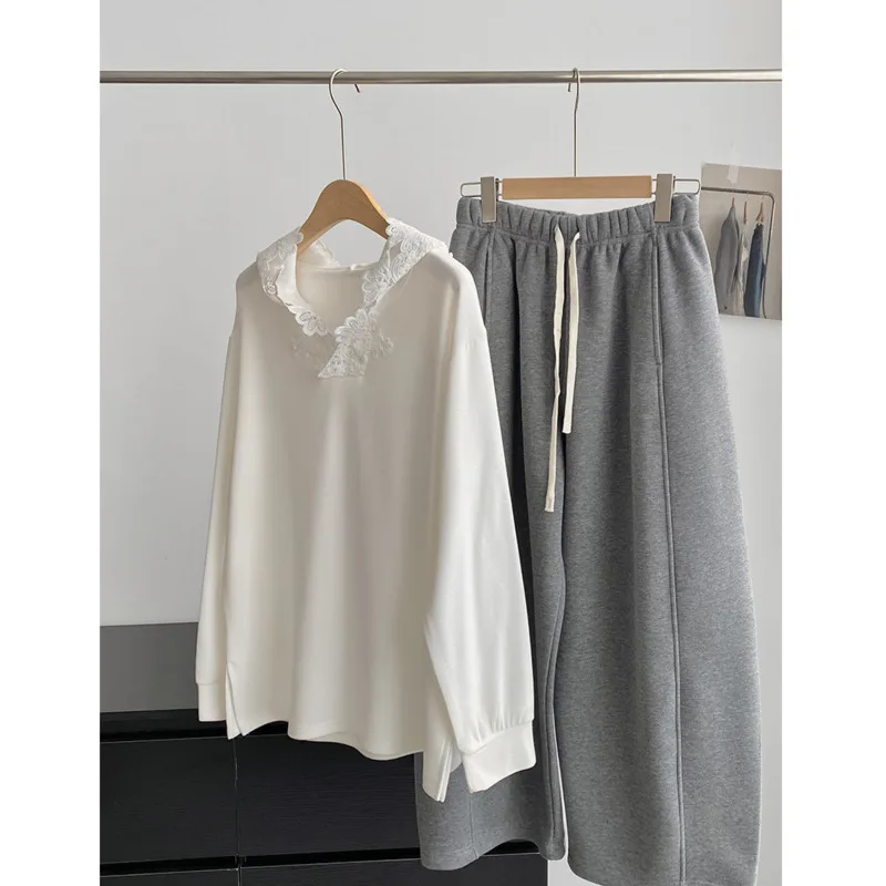 

Двусторонняя теплая флисовая футболка с кружевным капюшоном, осень-зима, свободные белые кружевные лоскутные пуловеры с длинными рукавами