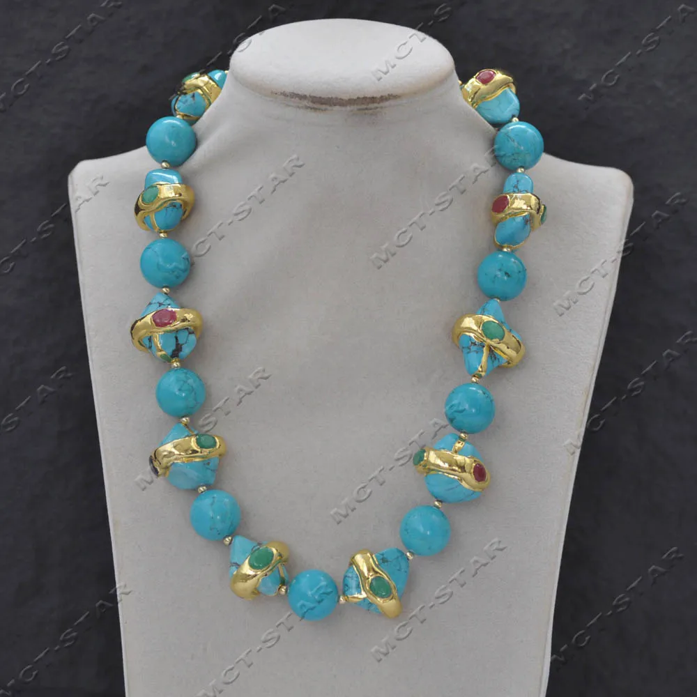 MCTSTAR Set 20'' 23mm Green Round Baroque Multicolor Gemstone Turquoise Necklace Bracelet Custom JewelryZ13655 