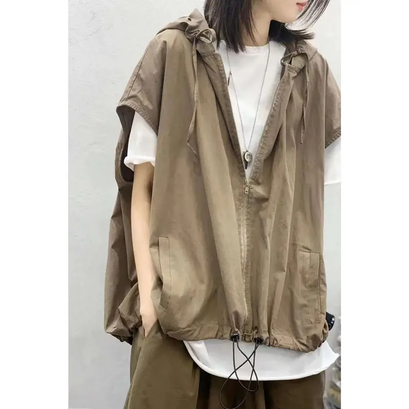 

2023 Summer Thin Waistcoat Couple Loose Casual Women's Vest Hooded Coat New Outerwear Sleeveless Jacket Female Japanese Fashion