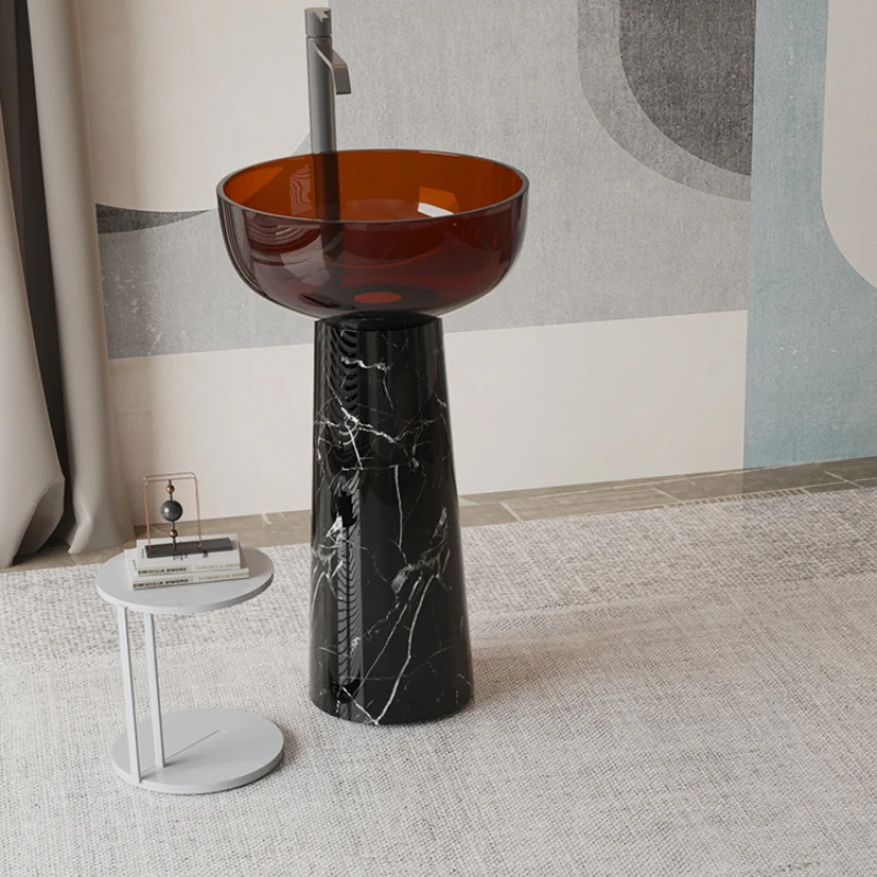 Black and white marble artificial matcha green transparent resin floor-to-ceiling hand washbasin washbasin column basin