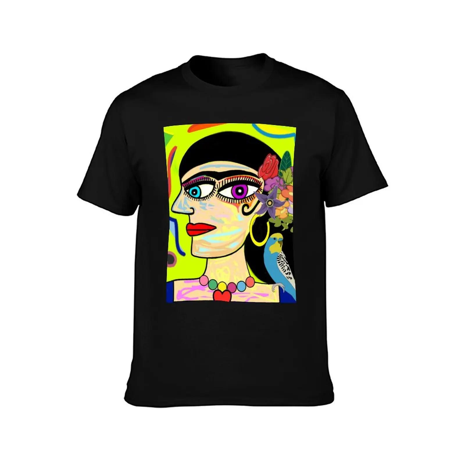 Latin Lady with Budgie and Flowers T-Shirt Large Size Short Sleeve T-Shirt