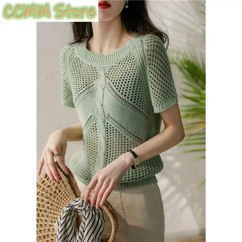 

Stylish O-Neck Knitted Loose Hollow Out Blouse Female Clothing Summer New Casual Pullovers Tops Short Sleeve Korean Shirt