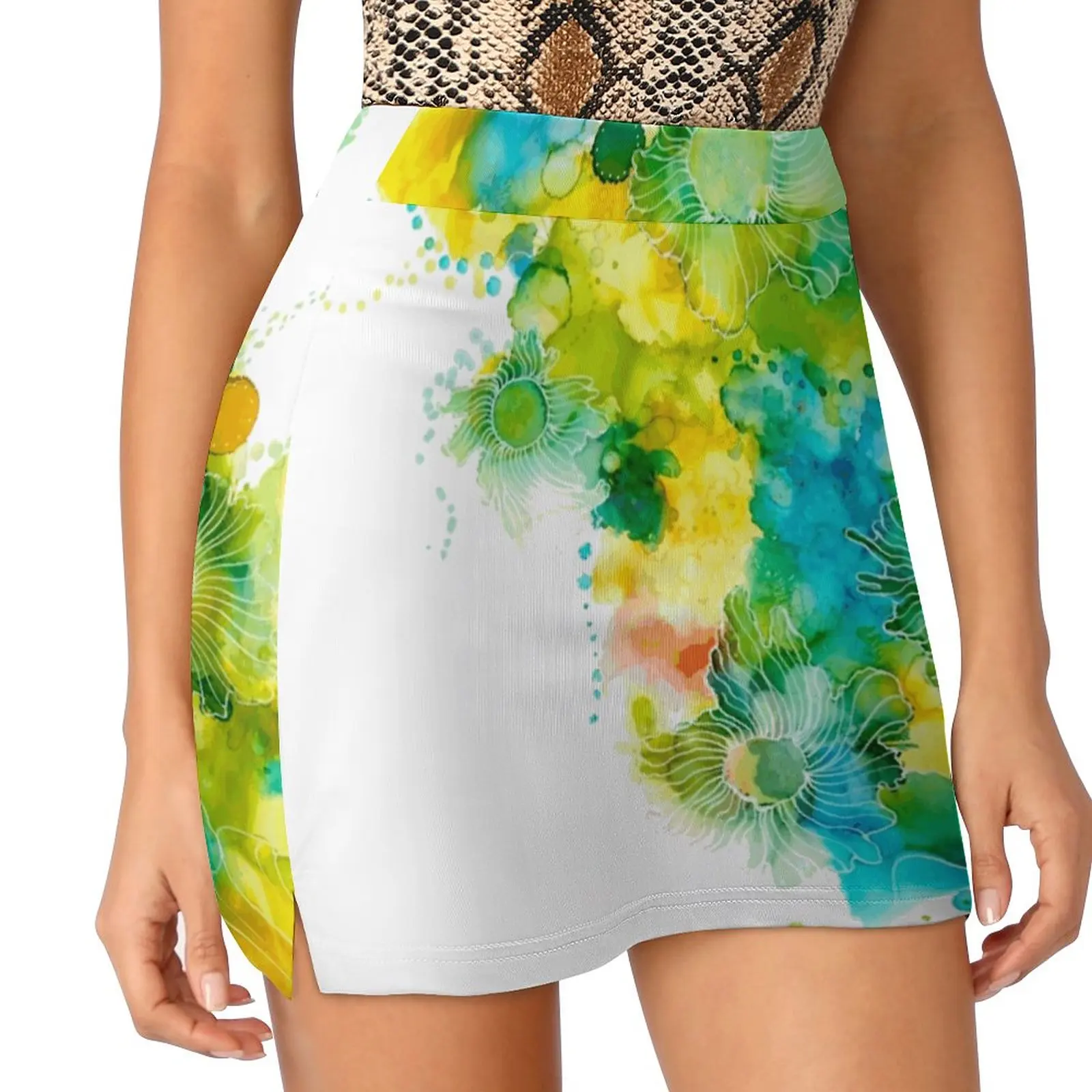 

Margarita Women's skirt Mini Skirts A Line Skirt With Hide Pocket Lime Lemon Yellow Green White Drinking Flower Flowers Floral