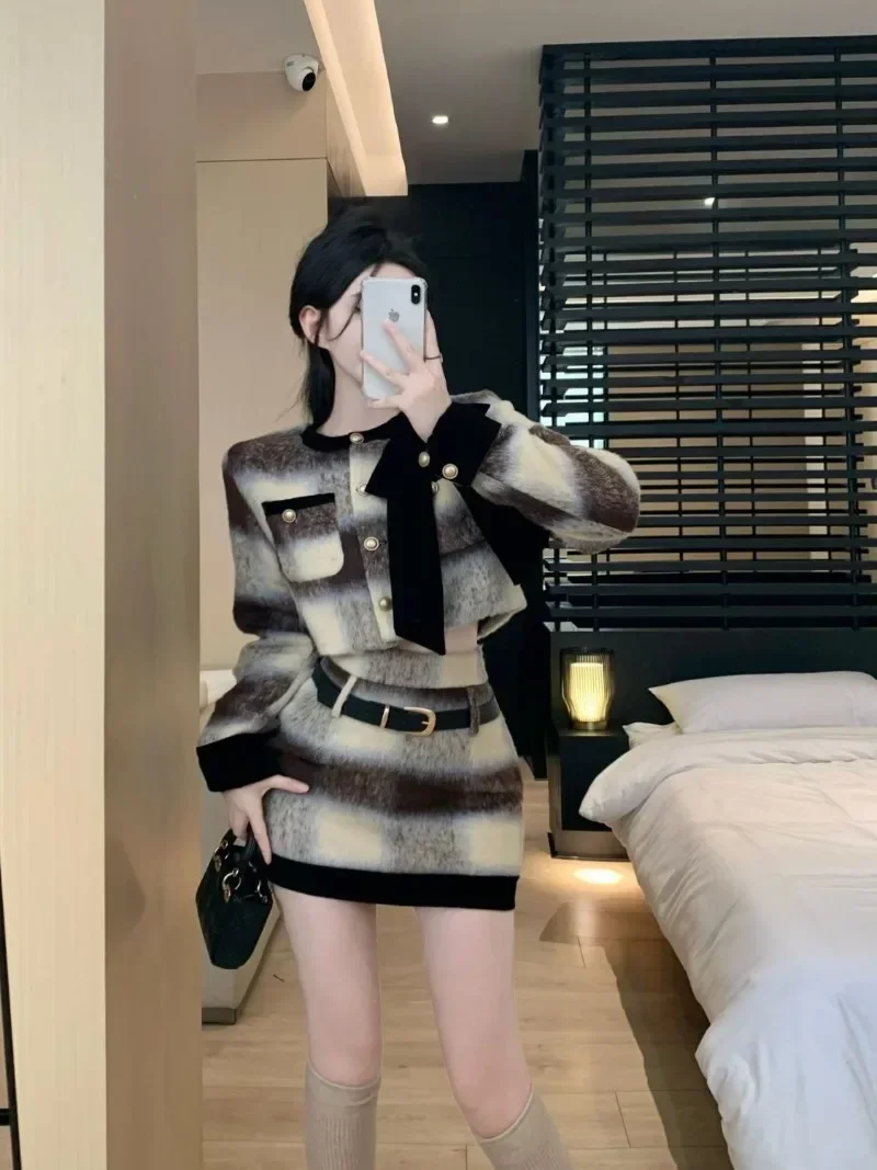 

Retro Short Plaid Woolen Coat High Waist A-line Short Skirt Women's Two-piece Set Autumn Elegant Skirts Suits Female Clothes