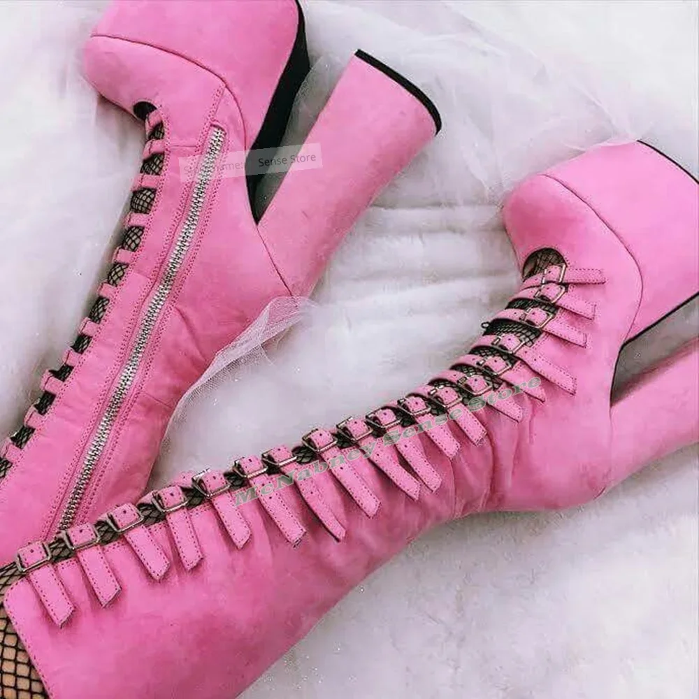 

Замшевые сандалии с пряжками и ремешками Сапоги Сапоги до колена на толстой подошве Женская сексуальная обувь Летняя вечеринка Повседневная дизайнерская обувь на молнии