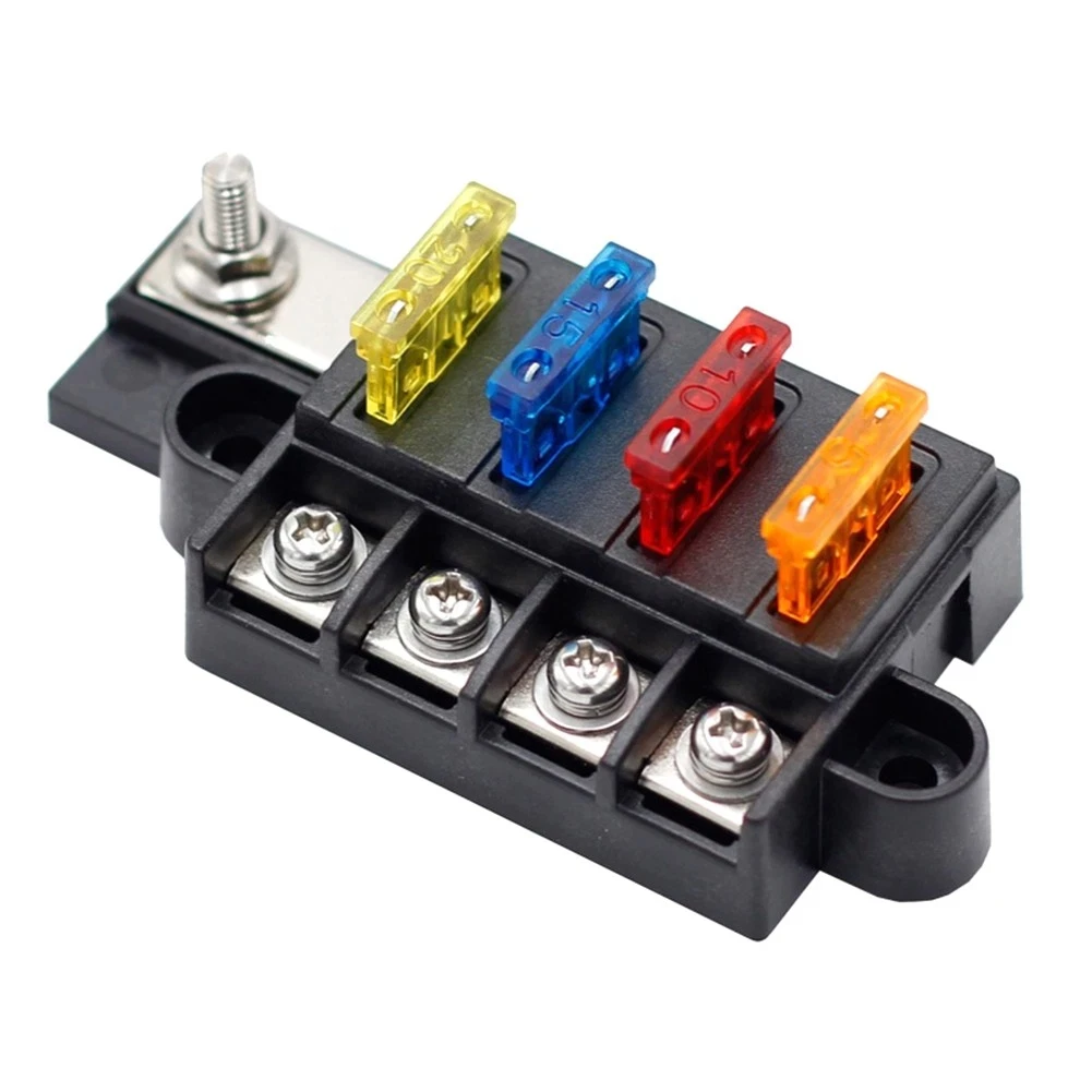 4 Way Blade Fuse Box Block with Screw Terminals 12V 24V 32V Distribution Panel Board for Car Marine Boat Caravan RV Truck