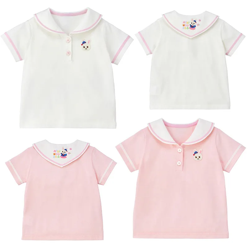 

Girls' Shirt Summer New Cartoon Bunny Embroidered Navy Collar Short Sleeve Shirt Underneath