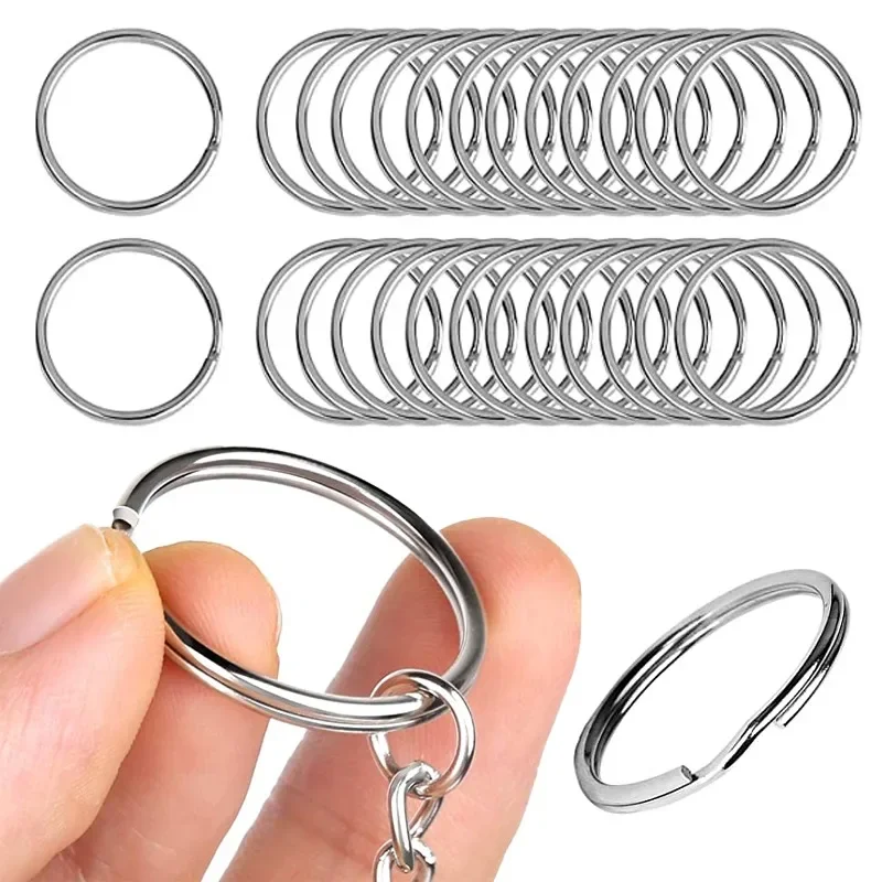 20/100Pcs Polished Silver Keyring Stainless Steel Hole Flat Key Ring Key Chain Rhodium Plated Round Split Keychain DIY Wholesale
