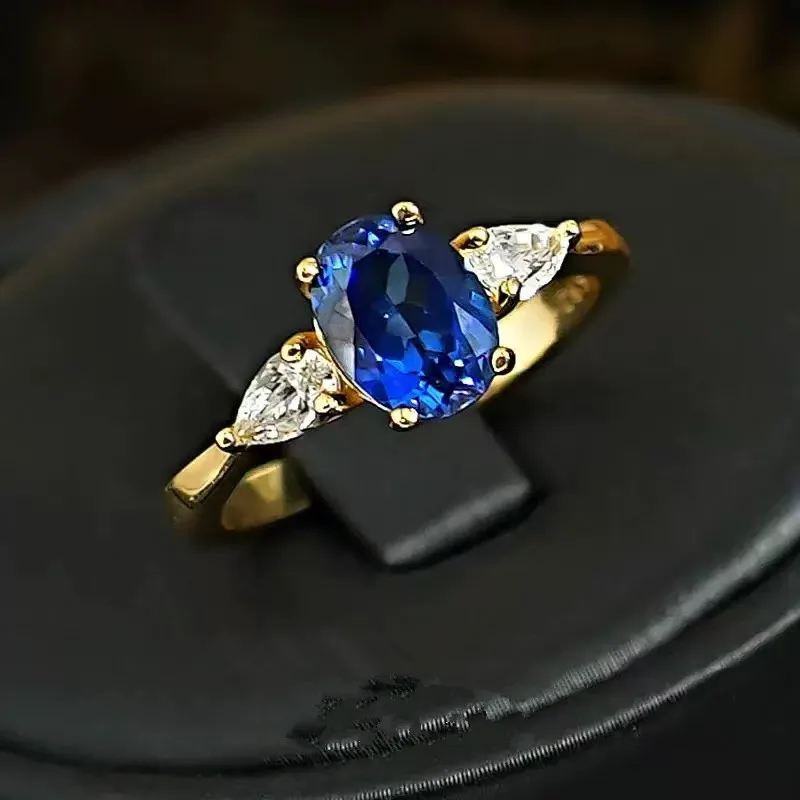 Luxury 24K 9999 Pure Gold real gold Blue Moissanite Ring Fashion Simple Women's Ring