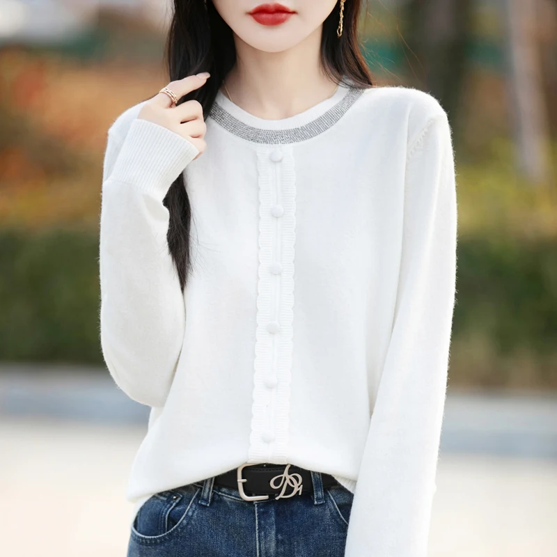 Printemps tricoté col rond pull femmes à manches longues hauts bouton diamants faux Cardigan femme automne mode ample basique pull